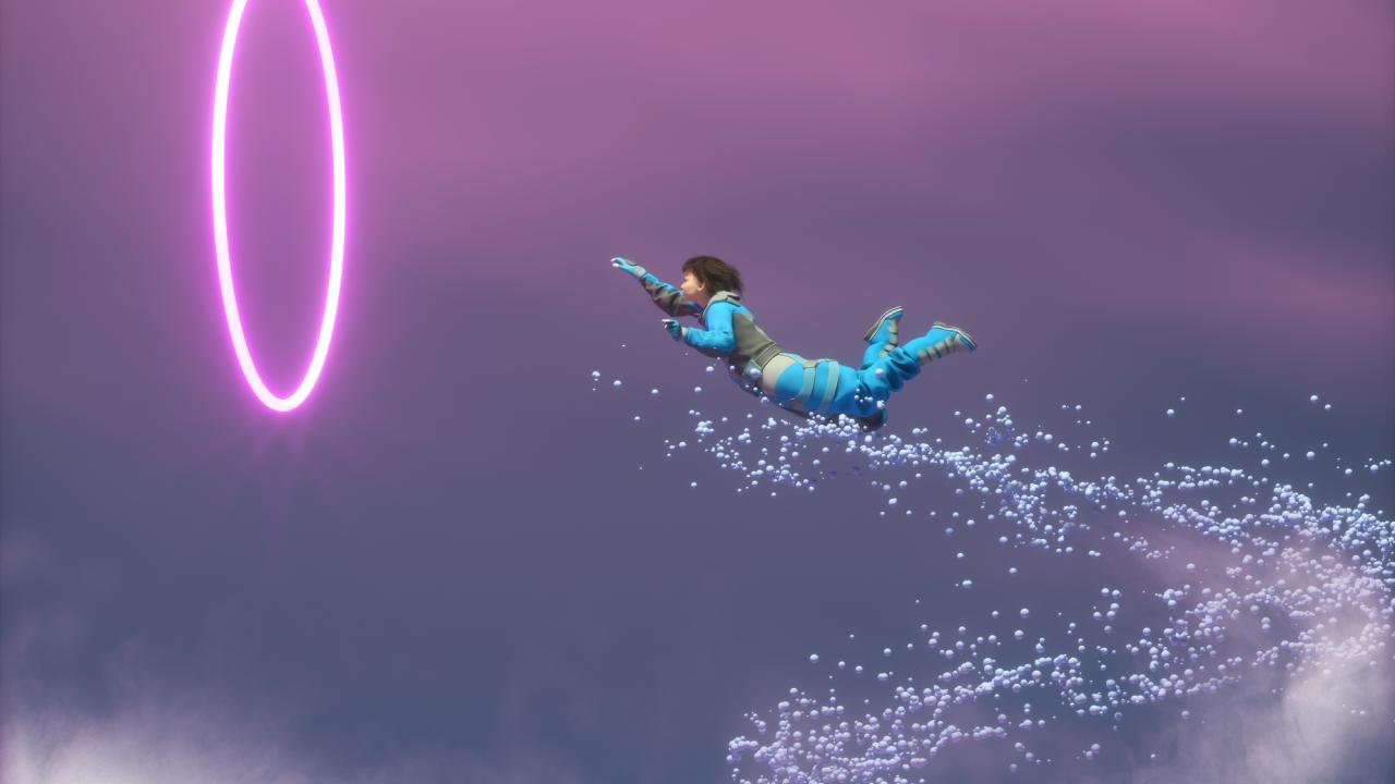 A woman swimming and/or flying toward a portal.