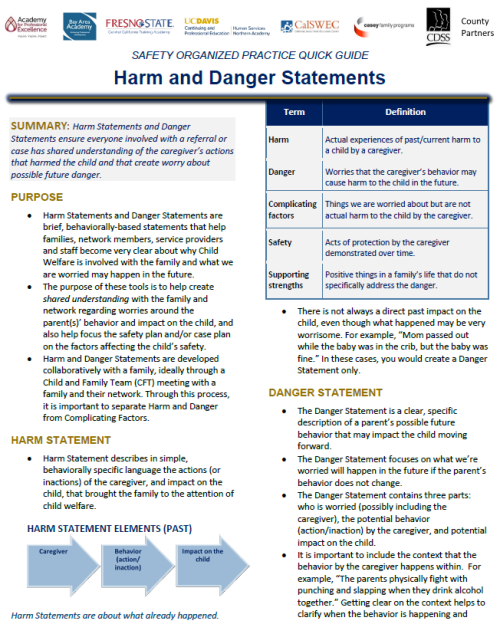 Screenshot of the SOP Quick Guide for Harm and Danger Statements