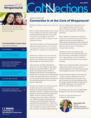 Newsletter titled "Wraparound Connections," featuring a smiling family photo and text about Wraparound resources.