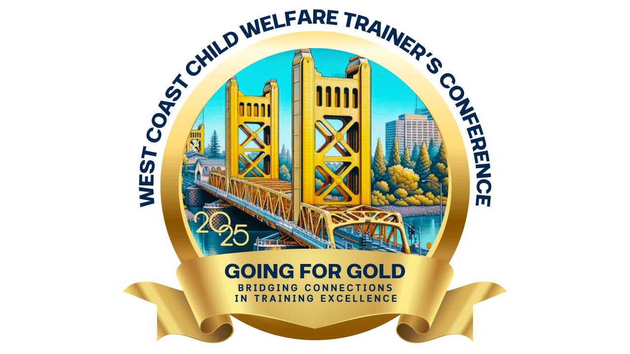 A golden bridge with the title of the conference atop a gold ribbon.