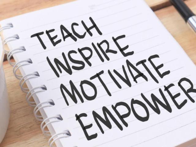 Piece of paper with the words 'teach', 'inspire', 'motivate' and 'emower' 