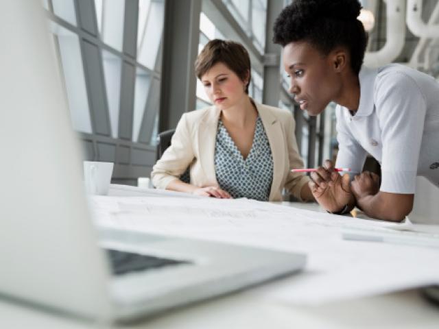 Two professionals looking at a computer