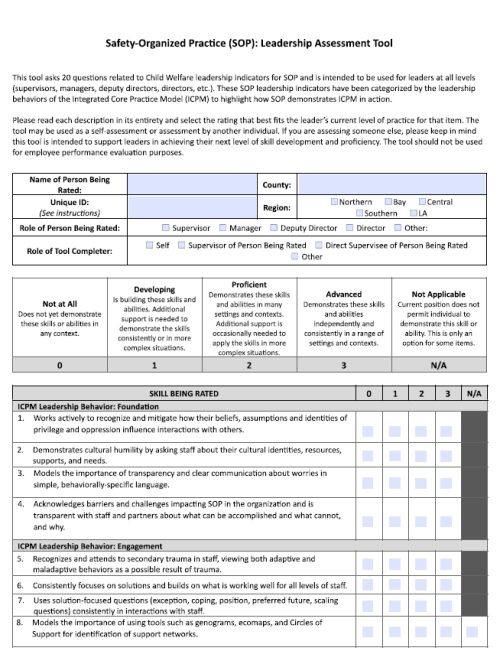 A screenshot of the SOP Toolkit leadership assessment tool. Available as a downloadable text.