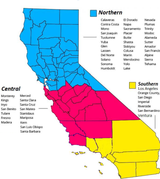 A map of the state of California divided into three Wraparound Hub regions by color: Blue is the Northern region; red is Central region; and yellow is Southern region. The list of counties by region is included in downloadable document.