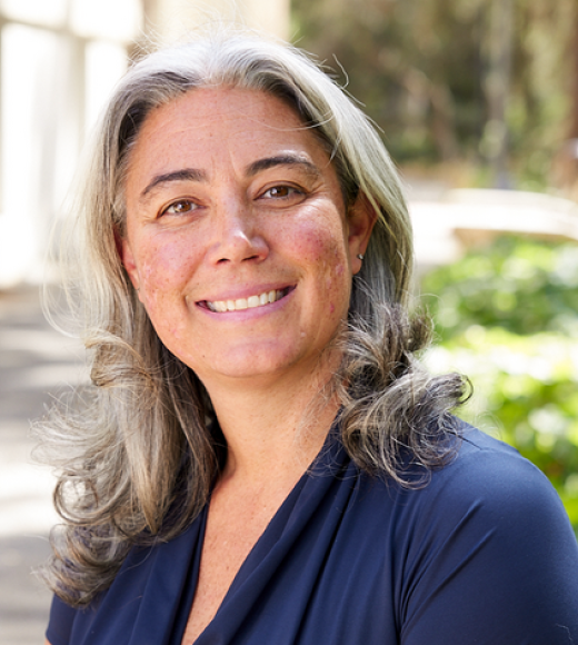 A smiling woman with long silver/grey hair and a purple blouse