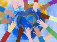A picture of multiple hands reaching out to a common heart at the center.